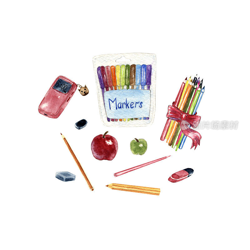 Watercolor clip art Back to school - Accessories, hand painted clip art